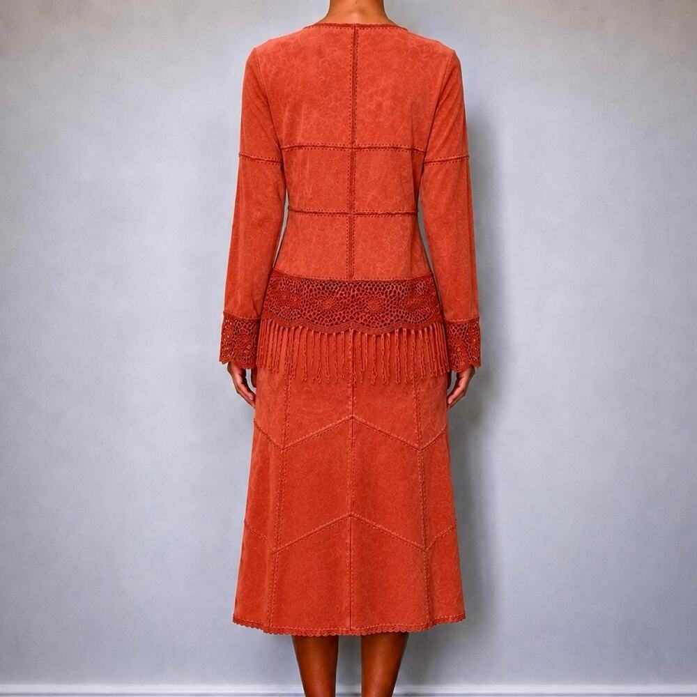 RARE 70s Italian Coral 100% Suede Fringe Two Piece Boho Western Set Size M - Picture 2 of 8